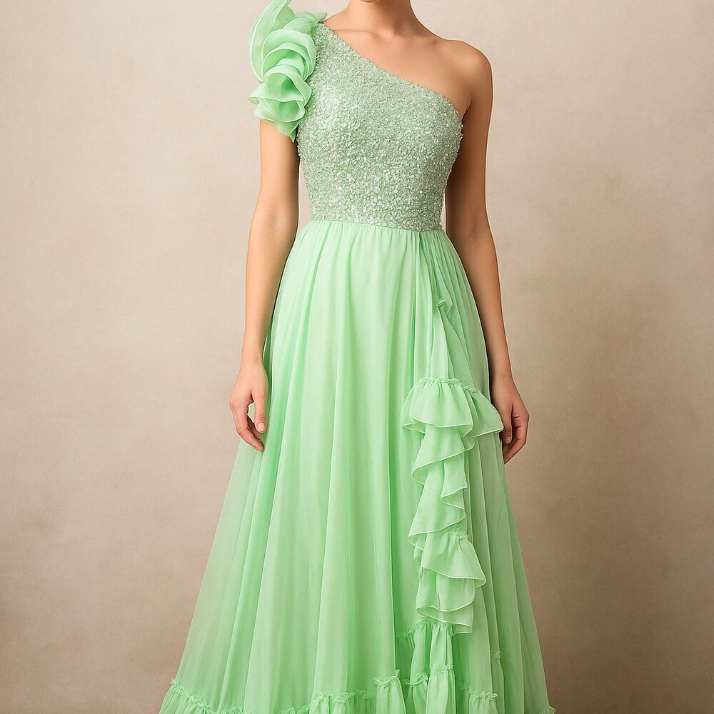 Seafoam Green One Shoulder Ruffle Maxi Gown Gem Bodice Size 2